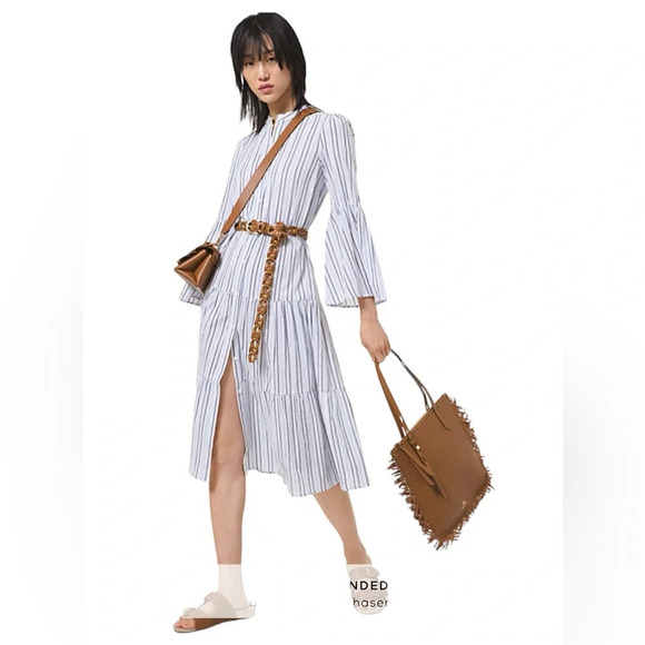 Michael Michael Kors Striped White Blue Cotton Gauze Tiered Midi Dress Large‎ - Picture 1 of 7